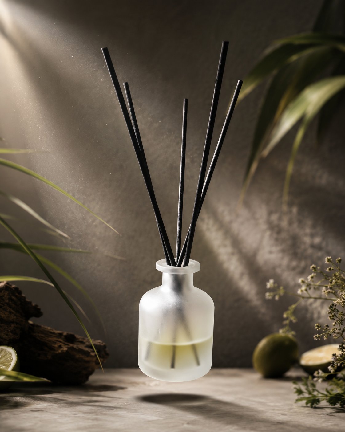 Reed diffuser diletakkan di ruang dengan cahaya alami
