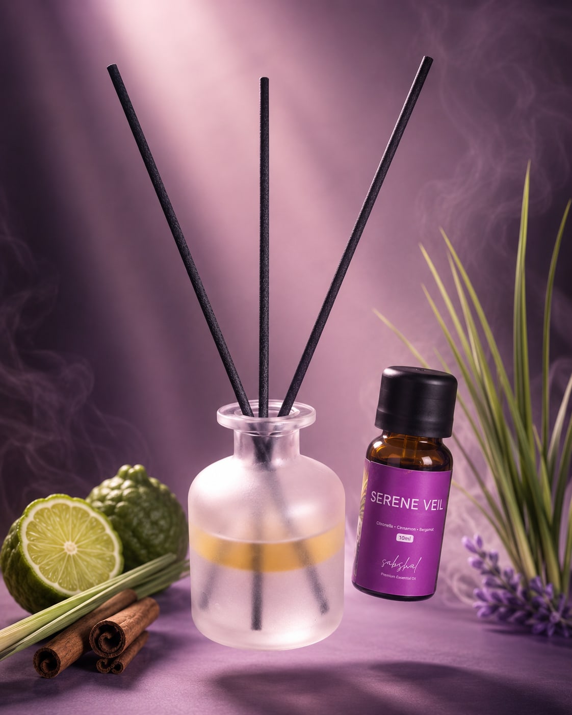 Serene Veil reed diffuser dengan bergamot, sereh wangi, dan kayu manis